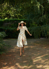 Lemon Print Maxi Dress with Puff Sleeves and Slit - By Quaint